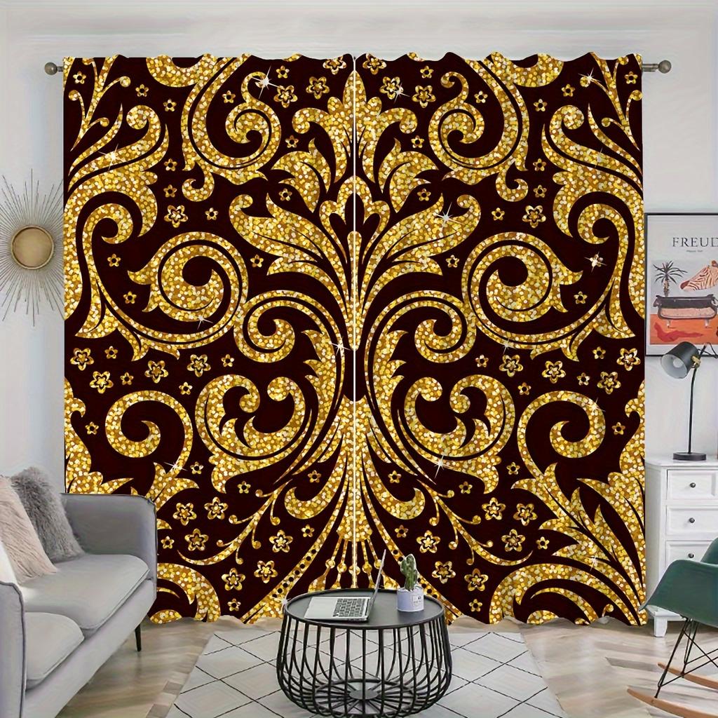 2pcs European Golden Retro Elements Curtain Decorative Window Drape Window Treatments For Bedroom Living Room Home Decor