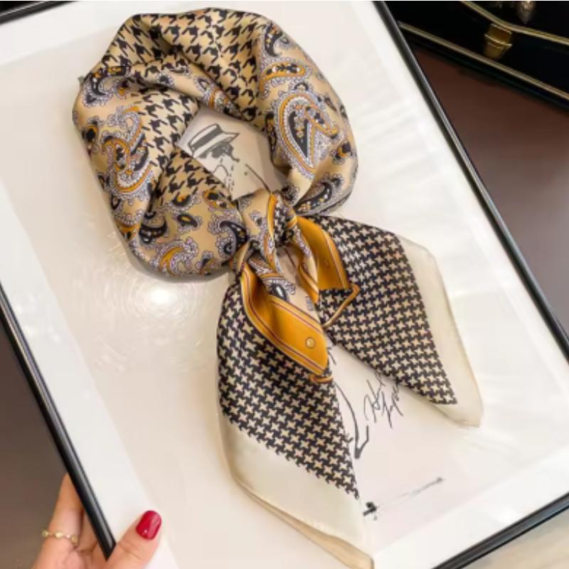 Классический принт 7070 см шелковый квадратный шарф женский модный мягкий атласный ободок для волос шейный платок галстук женский ободок фуляр лента для сумки