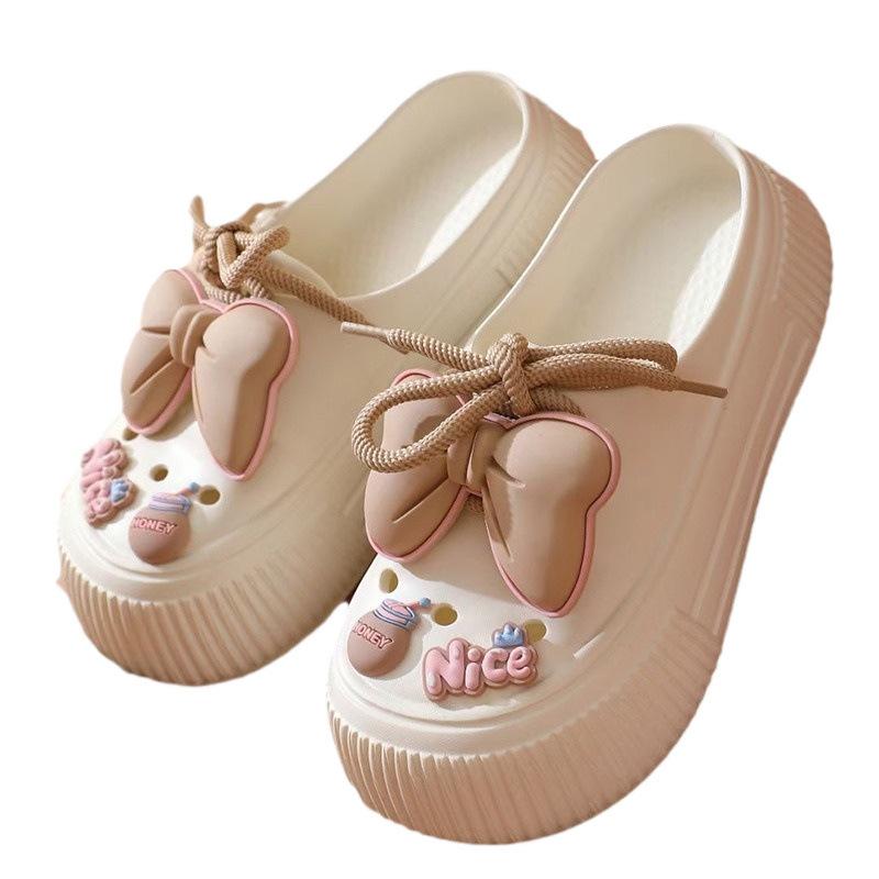 Милые тапочки с бантом для женщин, летнее новое поступление, мюли на толстой подошве с открытым носком, тапочки для дома и улицы, студенческие тапочки с бантом