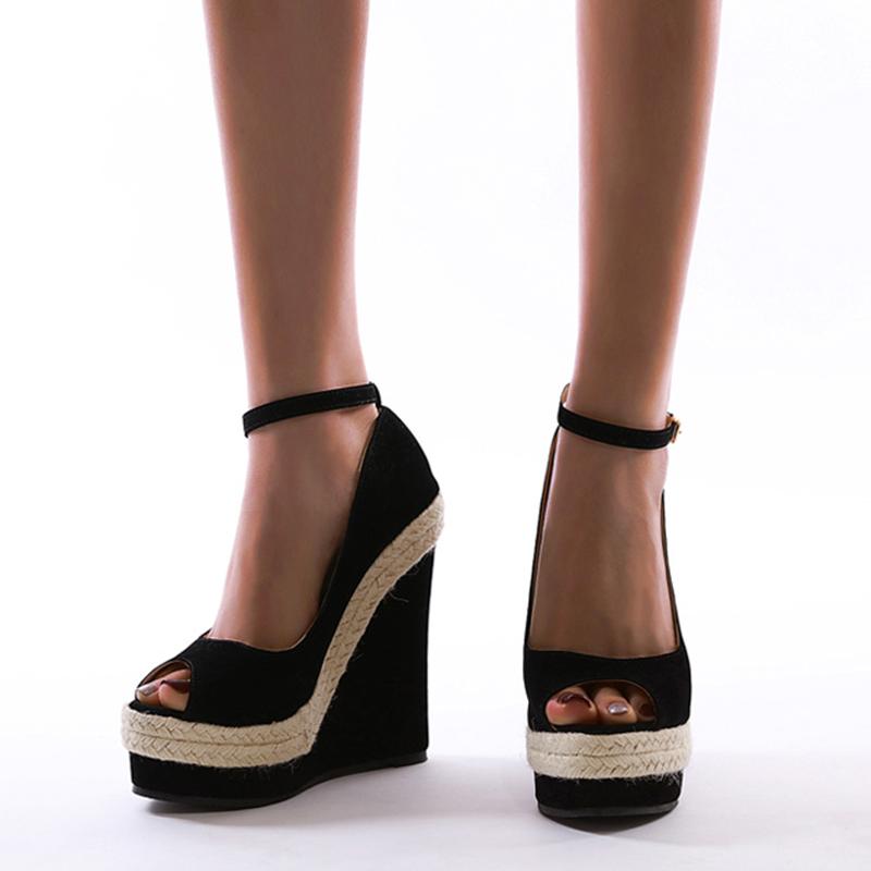 Aneikeh/летняя женская обувь, сандалии на платформе, сандалии-гладиаторы из флока, модные туфли на танкетке с пряжкой и ремешком, вечерние черные туфли на каблуке с круглым носком, размеры 35–42