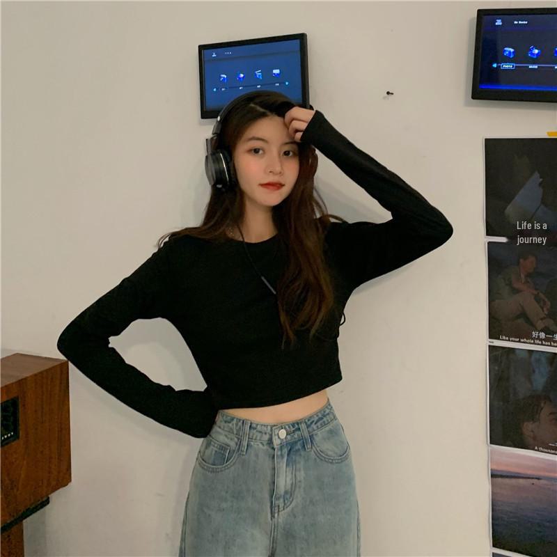 Женская белая футболка-кроп-топ с длинными рукавами в корейском стиле, облегающая, идеально подходит для весенних и осенних тенденций