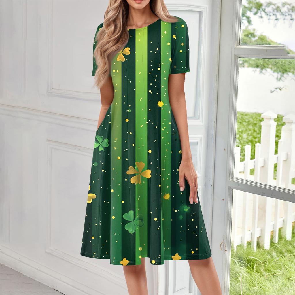 Женское повседневное модное платье миди с круглым вырезом и коротким рукавом с принтом