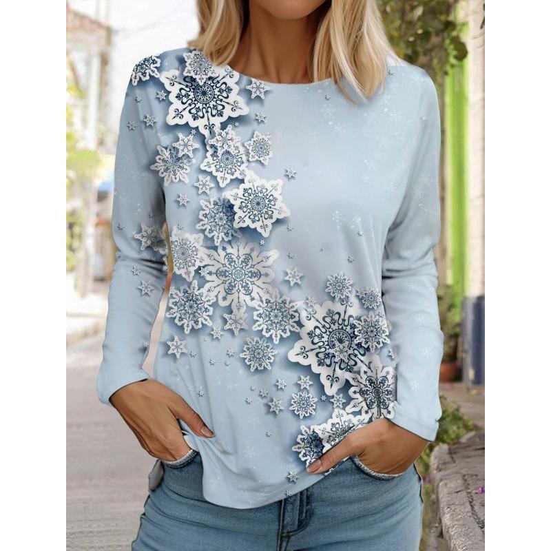 Рождественская снежинка женская футболка с длинными рукавами и круглым вырезом осенняя новая модная одежда с изображением лося праздничная модная футболка для вечеринок топы