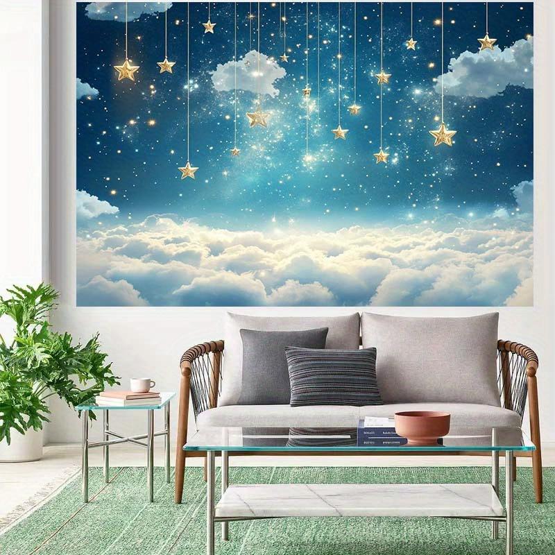 2D flat starry clouds and light theme background with dreamy hanging stars and sparkling night sky polyester