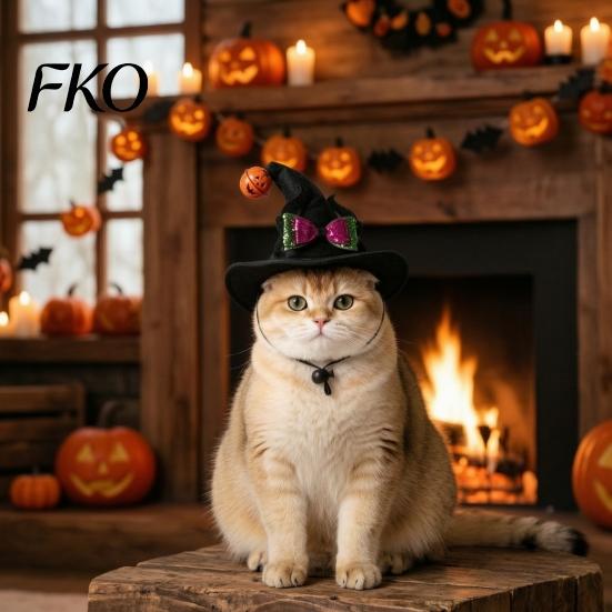Halloween Pet Accessories Cat Wizard Hat, Bent Pointed Hat with Pumpkin Bell, Festive Costume Sequined Bow for Cats Small Dogs