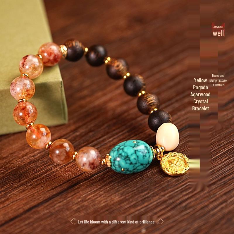 Elegant Chinese Beaded Agarwood & Crystal Bracelet with Retro Pendant for Women
