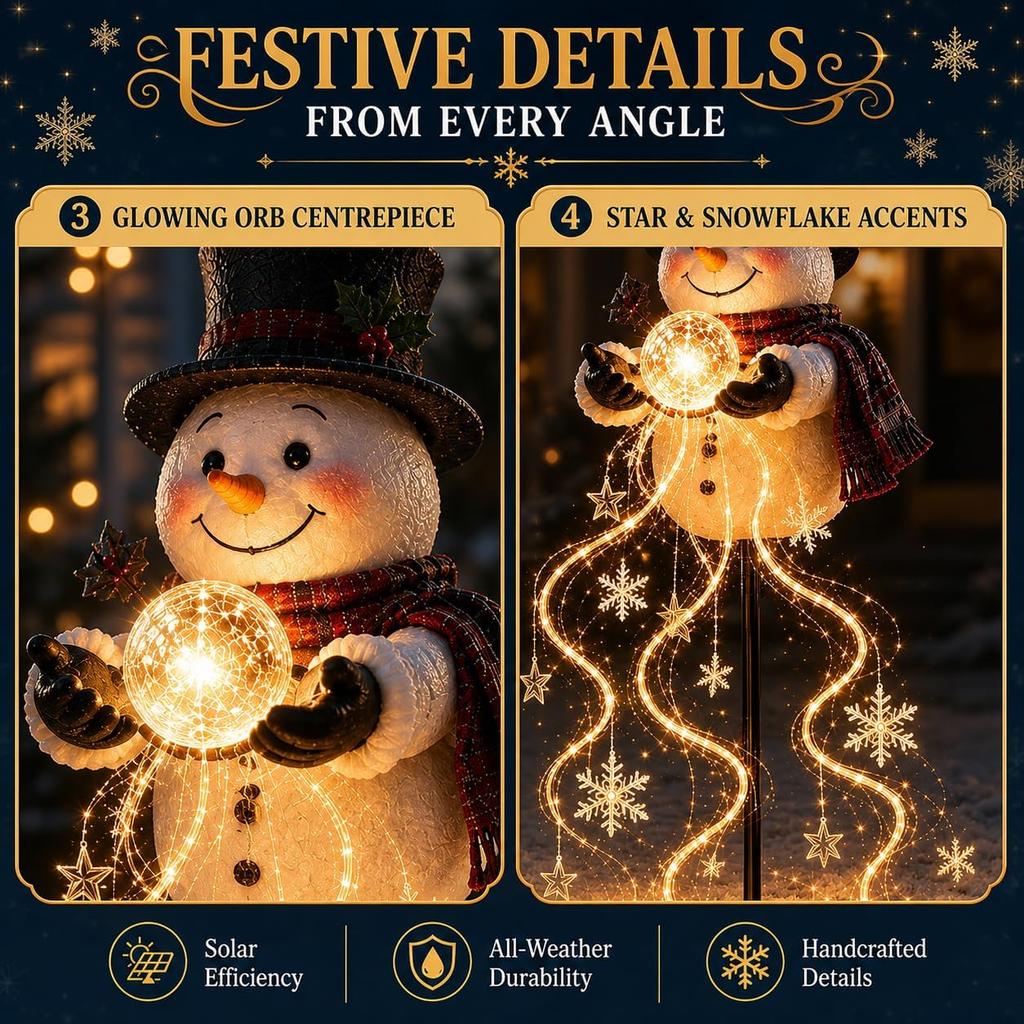 Snowman Light Fountain - Solar Powered Christmas Yard Decor with Flowing Snowflake LED Lights for Garden Pathway Porch Holiday Decoration