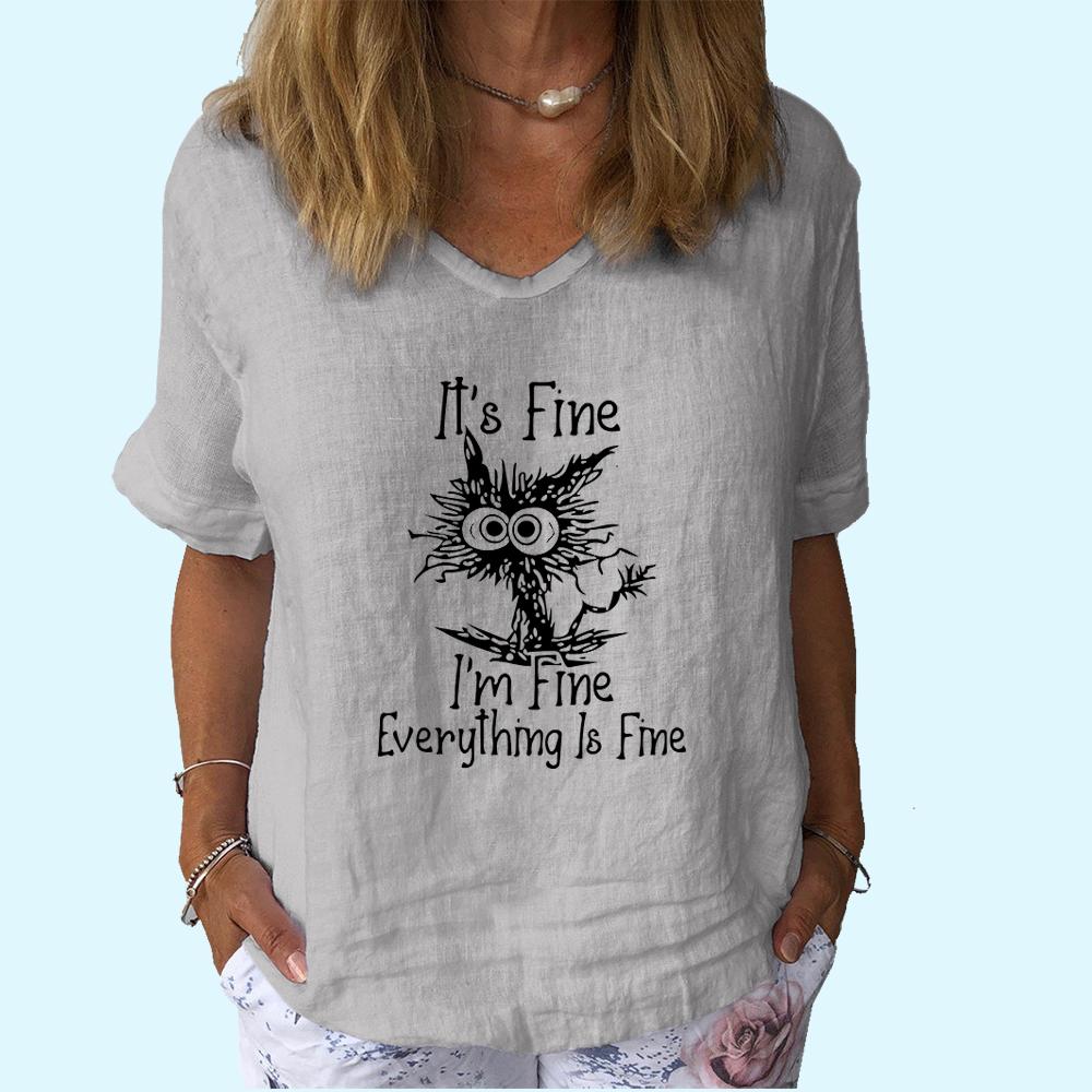 Women Fashion V Neck T-shirt Casual Cotton Linen Short Sleeve Top Ladies Pullover Print Blouse