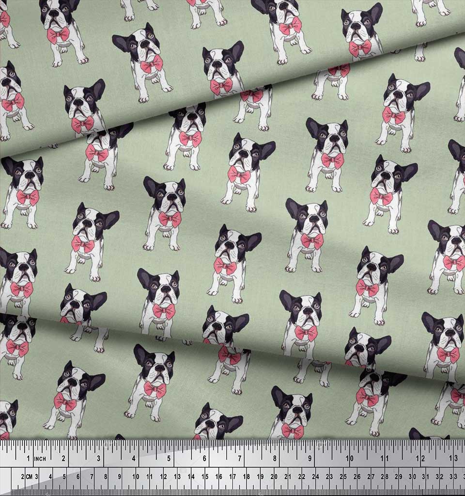 Soimoi Japan Crepe Satin Fabric Bow & Boston Terrier Dog Print Fabric by the Metre 42 Inch