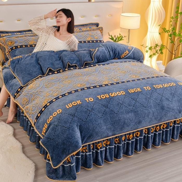 Утолщенный Молочный Флис Четырехпредметный Пододеяльник из Кораллового Флиса, Флисовая Простыня, Двустороннее Флисовое Фланелевое Постельное Белье, Юбка для Кровати