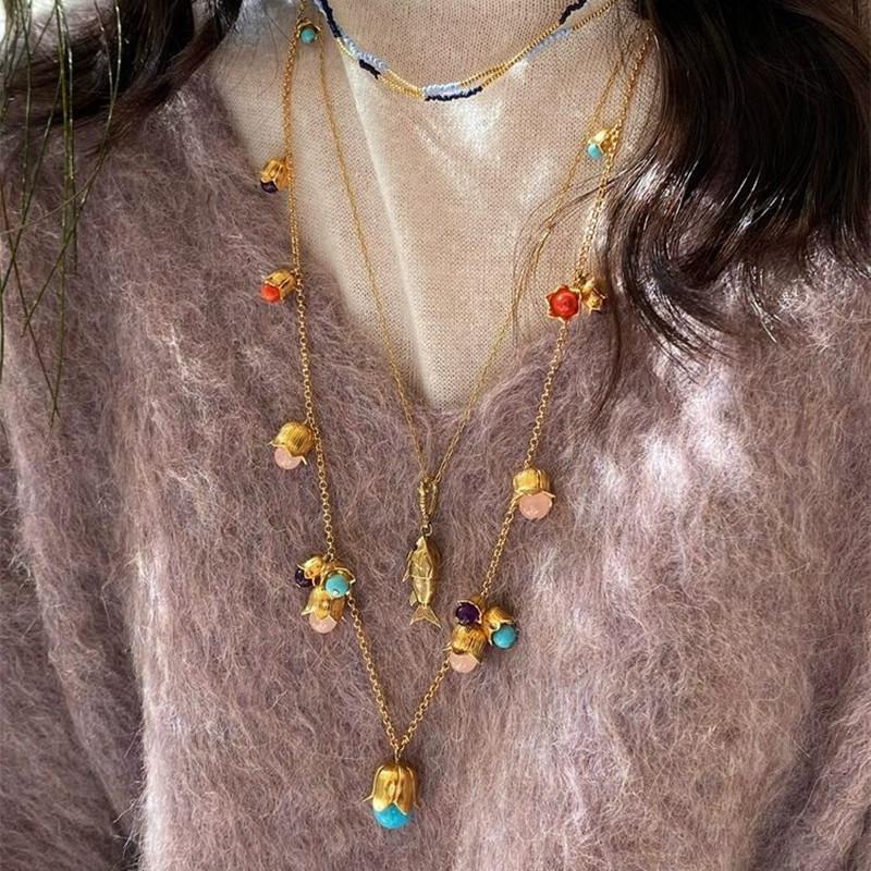 High-End Exquisite Light Luxury Heavy Industry Creates Bluebell Inlaid With Colorful Gemstones Long Thick Chain Necklace Earrings