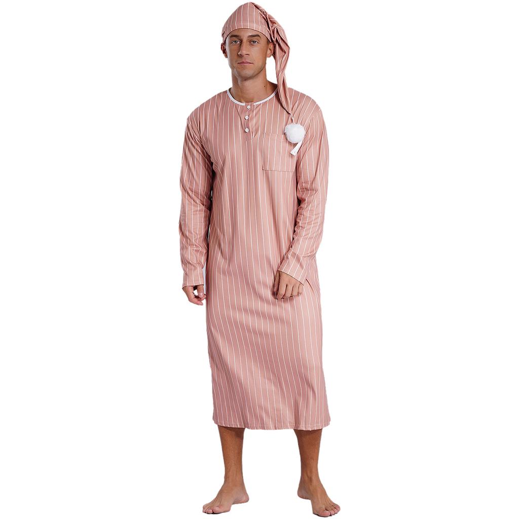 Mens Sissy Nightwear Striped Sleep Robe with Hat Long Sleeve Long Robe And Pompom Adjustable Sleep Hat Arabian Muslim Pajamas