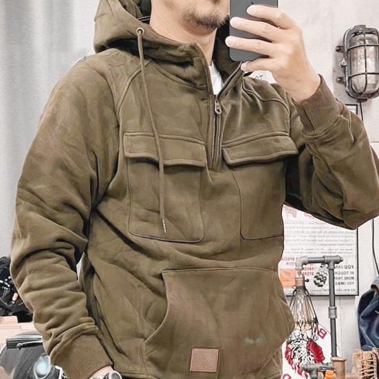 Men's Large Patch Pocket Drawstring Long Sleeve Half-Zip Hoodie