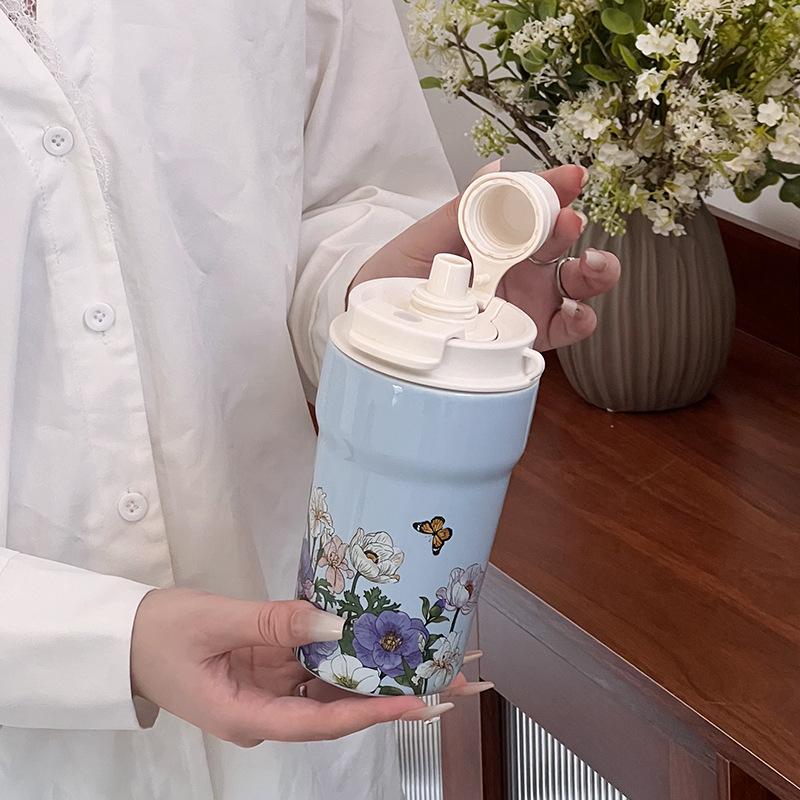 Керамическая кружка для питья напрямую, керамическая портативная чашка, креативная керамическая портативная чашка-термос, портативная керамическая чашка для питья с цветочным принтом