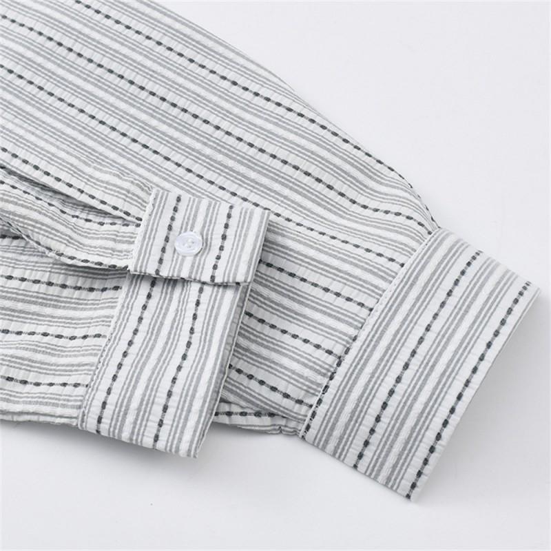 Mens Loose Fit Striped Cotton Shirt Long Sleeve Casual Button-Up Top Fall Streetwear