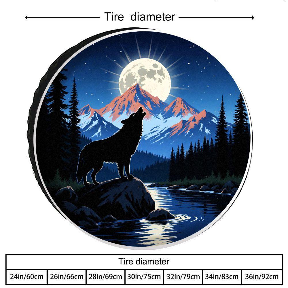 Wolf Howling Under Moonlight Natural Landscape Print Tire Cover | Polyester, Decorative Spare Tire Protector For Various Car Mod
