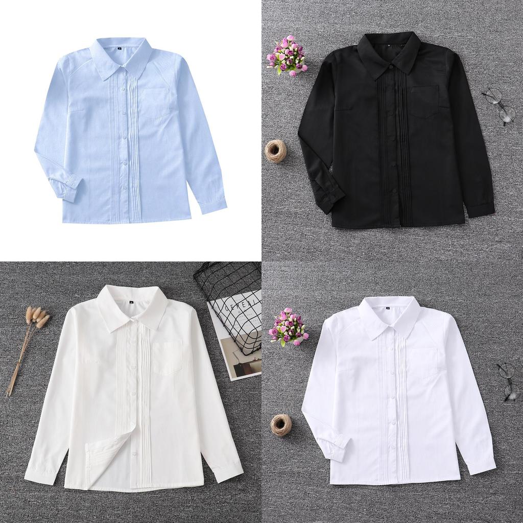 Uniform Long Sleeve Shirt With Pleated Front For Student Fashion