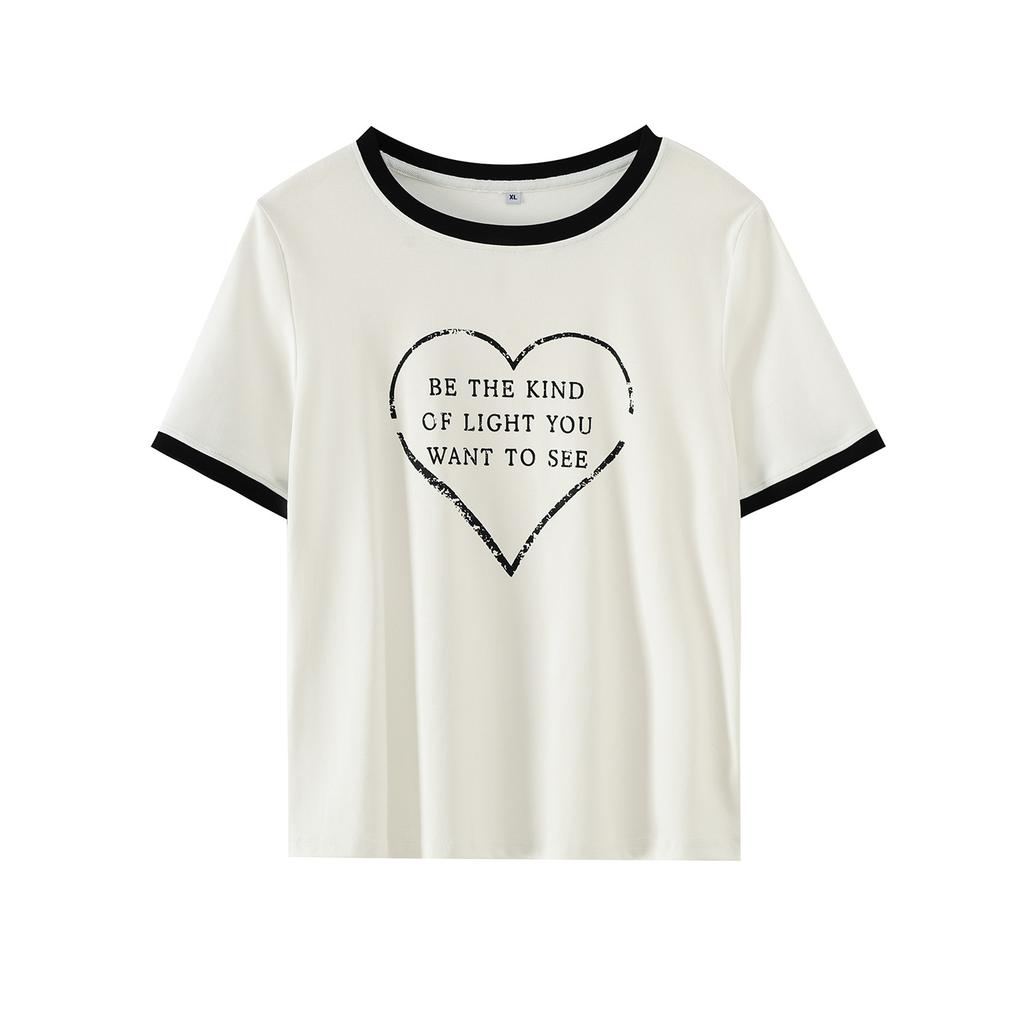 Large size women's clothing contrasting color printing crew neck short-sleeved T-shirt 2026 spring versatile foreign style loose top 224427