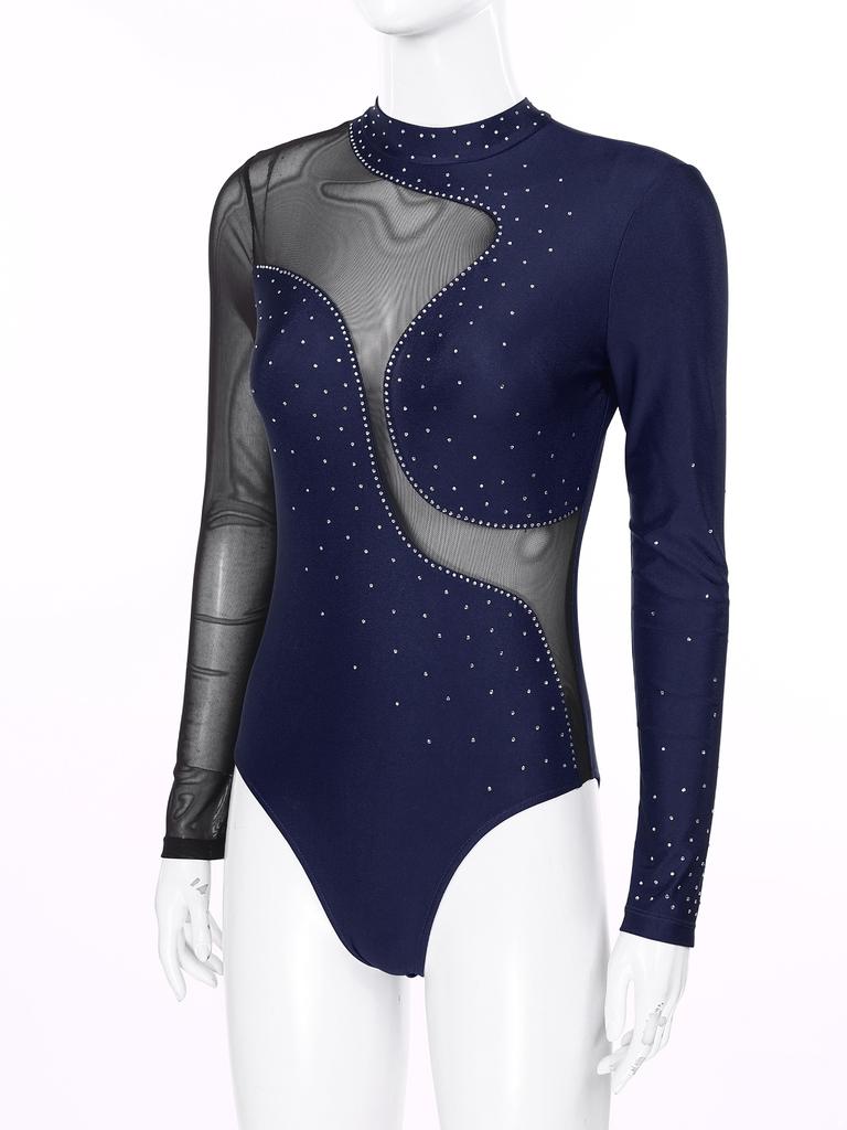 Женский сверкающий комбинезон с цветными блоками, прозрачной сетчатой вставкой, вырезом на спине, длинными рукавами и стразами