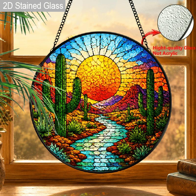 1pc 2D Flat Landscape Stained Glass Suncatcher, 6.3/7.87 Inch Desert Sunset Lake Glass Suncatcher, Southwestern Landscape Window Hanging, Warm Sunset