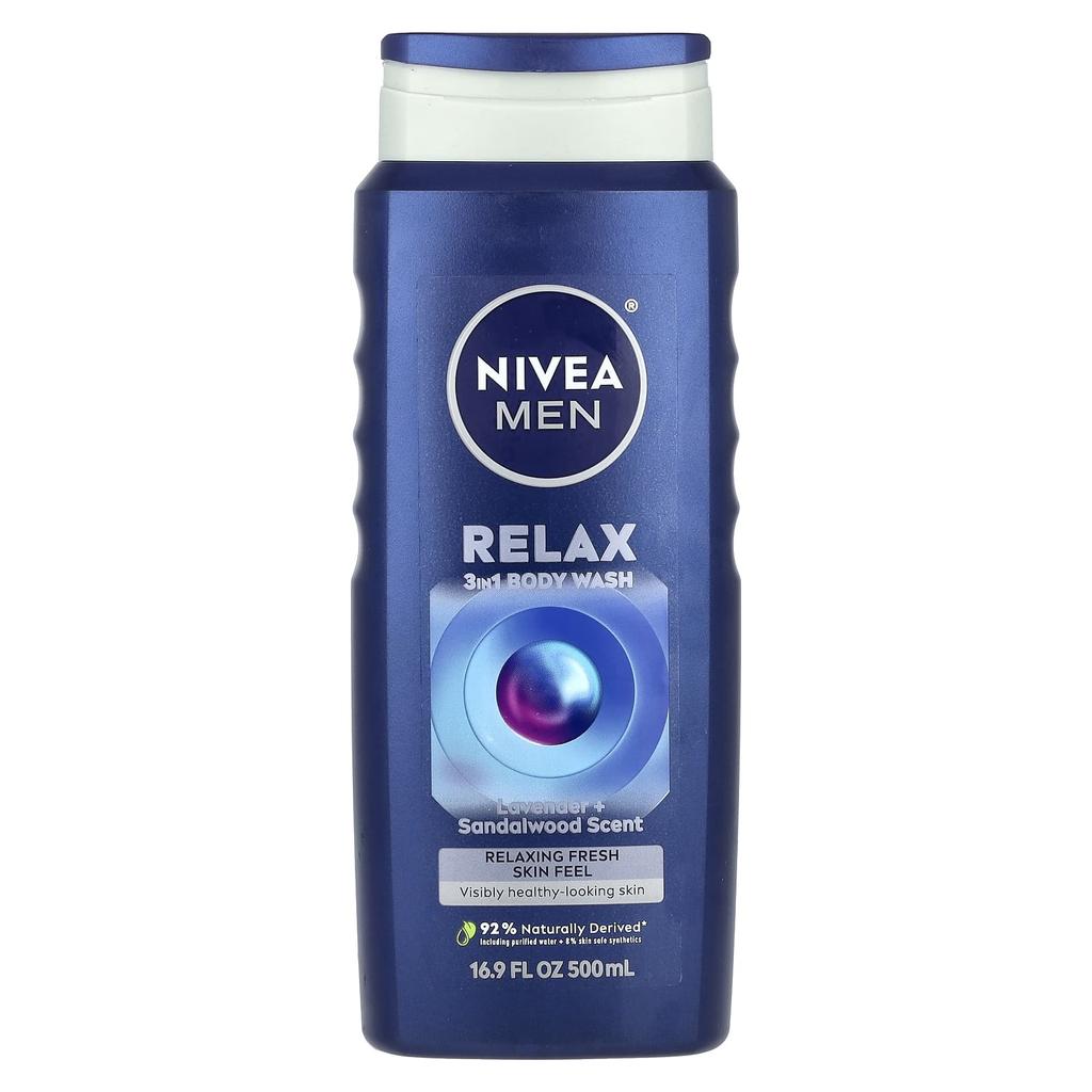 Nivea Men's, 3 In 1 Body Wash, Relax, Lavender + Sandalwood, 16.9 Fl Oz (500 Ml)