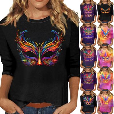 Женские топы с рукавом три четверти и круглым вырезом, свободная футболка с принтом «Карнавал»