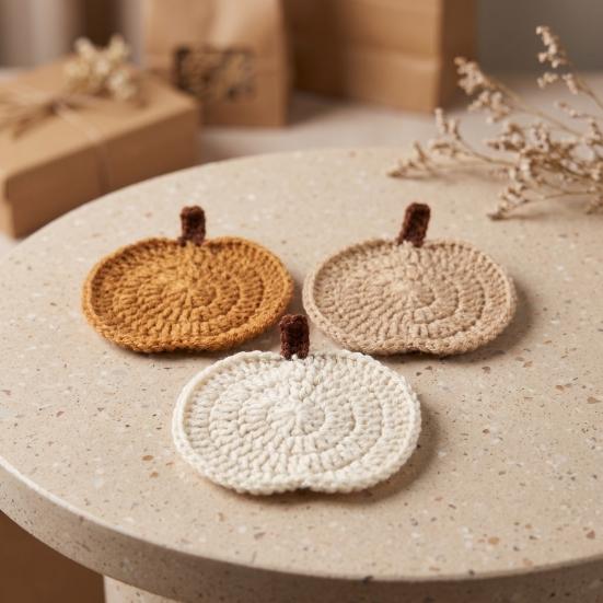 Festive Dining Table Decor Handmade Crochet Pumpkin Coasters, Soft Polyester Coffee Mats, Cushion Autumn Themed Farmhouse Accessories for Kitchen