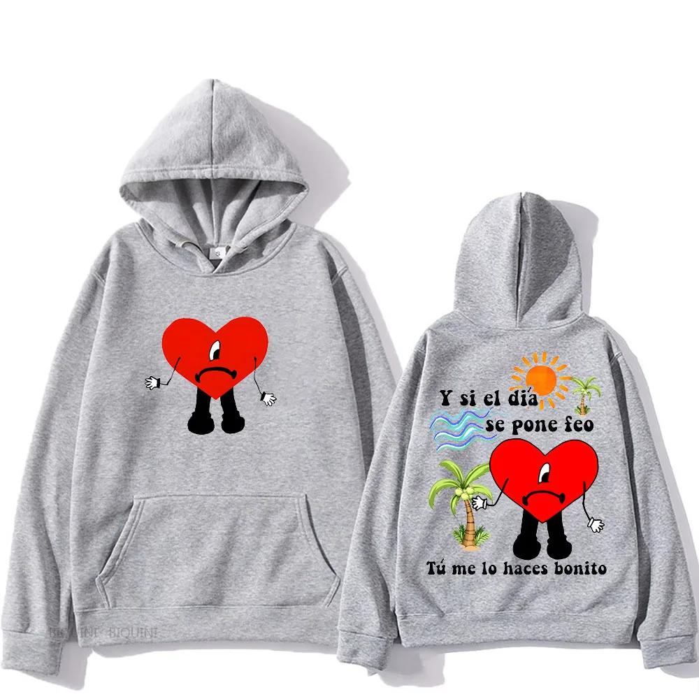 Bad Bunny Seda Hooded I Love You Graphic Printing Gothic Hip Hop Sweatshirt Long-sleeved Fleece Clothes Men Women Casual Hoody
