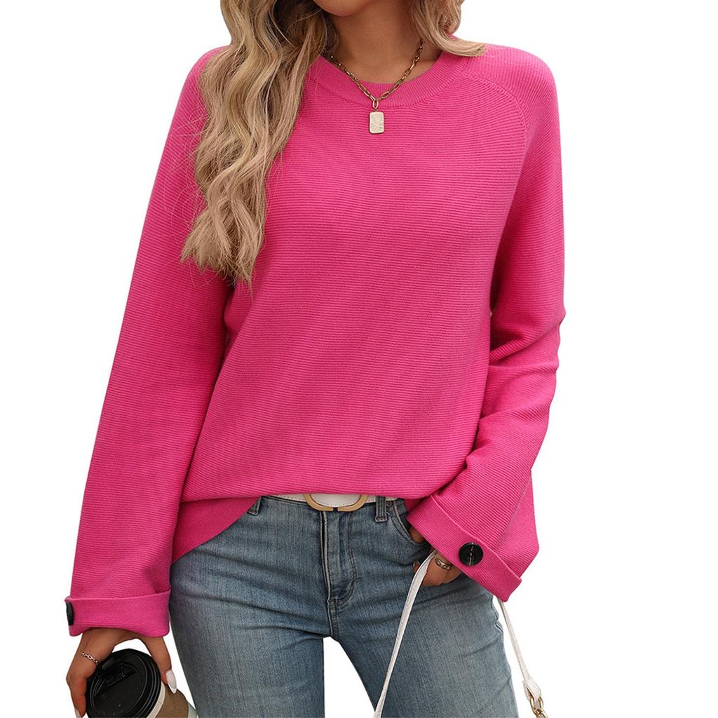 Женская мода однотонный круглый вырез с пуговицами длинный рукав свитер топ