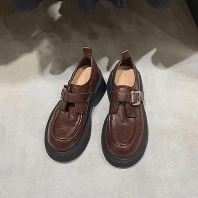 Виноградная мама осень и зима новые вымытая лошадиная кожа круглый носок ветер одна педаль толстый каблук лоферы одинарная обувь маленькие кожаные туфли женщины