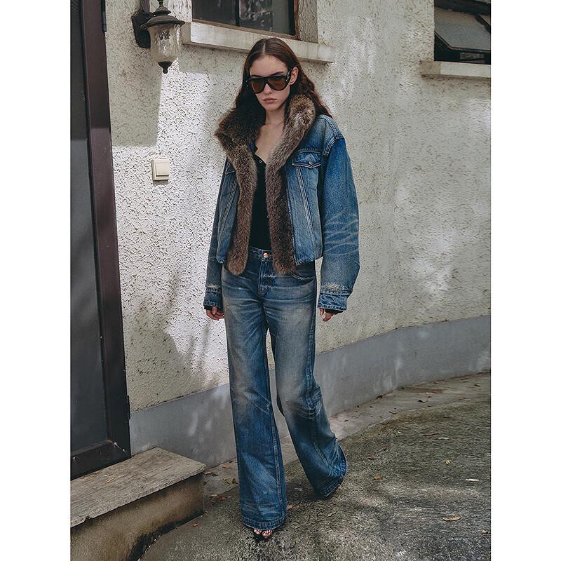 CHIC PARKA Denim Fur-Lined Parka with Raccoon Fur Collar