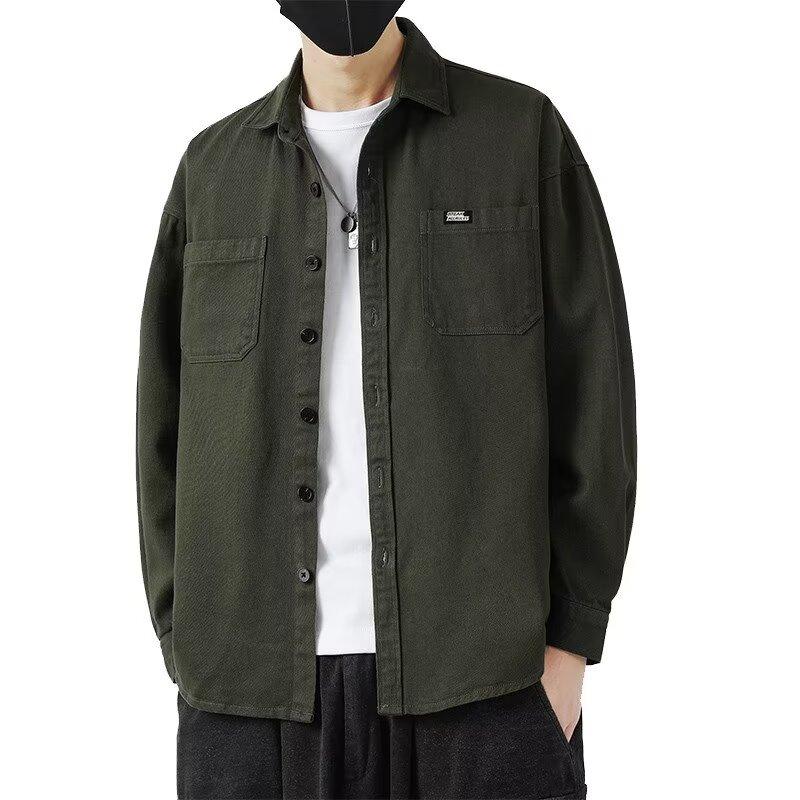 Весенне-летняя хлопковая рубашка с длинными рукавами, мужская свободная модная американская куртка с лацканами, карманы, рубашка, верхняя одежда, топы
