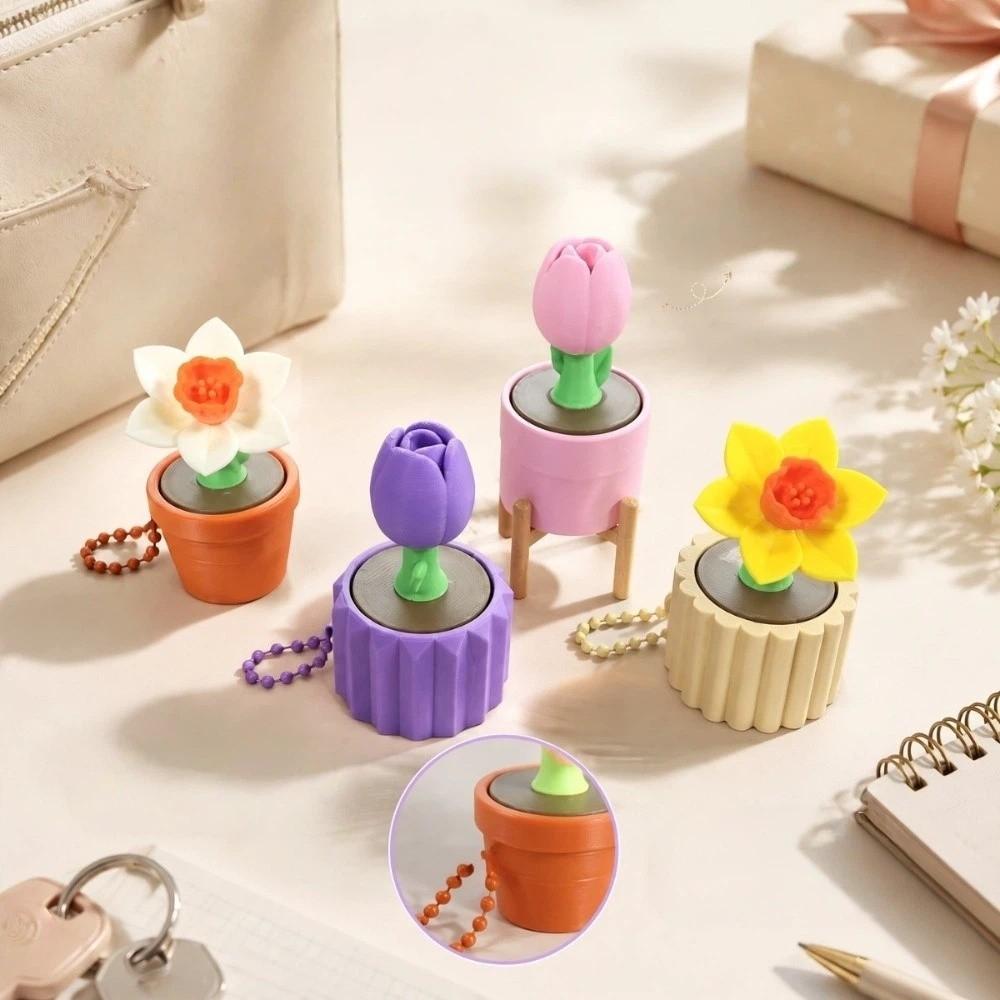 3D Printed Mini Potted Plants Clicker Keychain Simulation Daffodil Tulip Keychain Children Adults