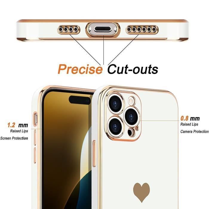 Coque de protection - BOOLING - pour iPhone 16 Pro Max - Silicone Blanc - Motif Cœur - Bordures Dorées