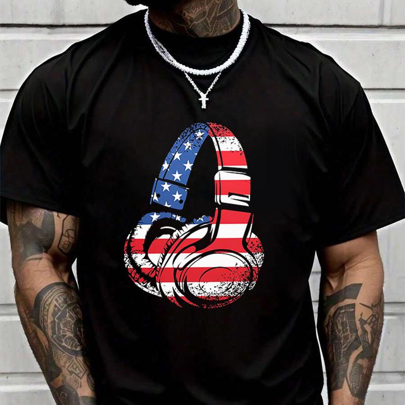 Gaming Headset US Flag Men's Casual Tshirts For Summer Short Sleeve Comfortable Tops