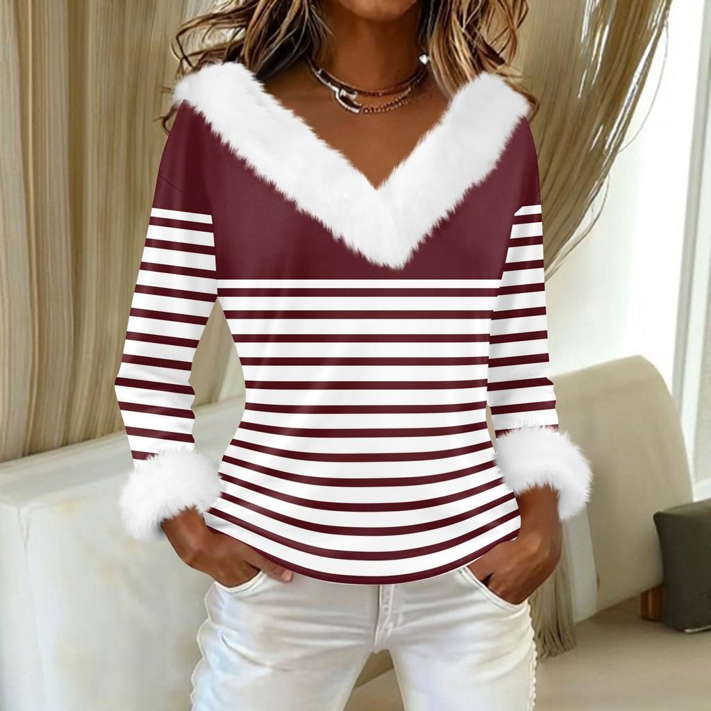 Women's T Shirt Tee Print Shirt Long Sleeve Party Fleece Collar V Neck Top