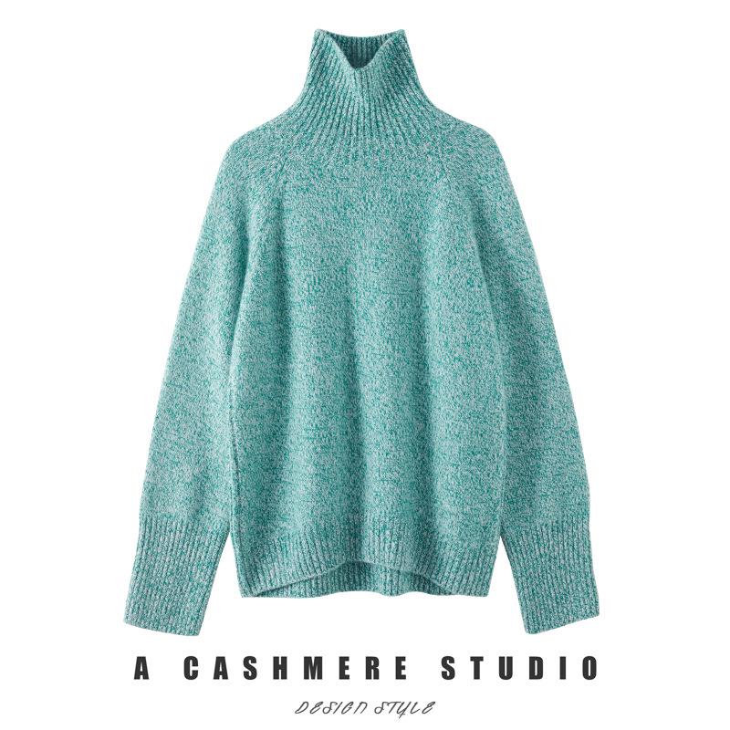 Women's Autumn/Winter High Neck Patterned Cashmere Raglan Sweater