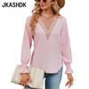 JKAASHDK женские модные повседневные однотонные принты весенне-осенние блузки и рубашки с v-образным вырезом и длинными рукавами