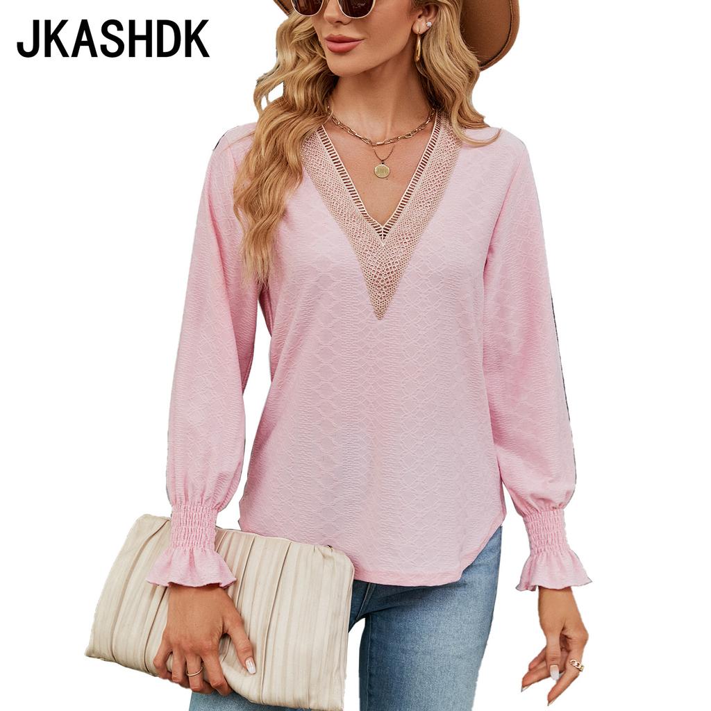 JKAASHDK женские модные повседневные однотонные принты весенне-осенние блузки и рубашки с v-образным вырезом и длинными рукавами