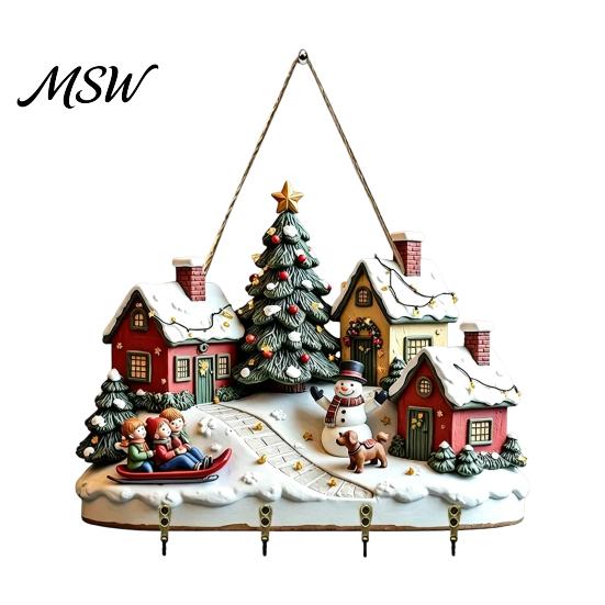 Rustic Winter Town Wall Art Christmas Village Wooden Hanging, Snow House Snowman Plaque, 4 Hook Gift for Home Mount Key Holder, Holiday Ornament,