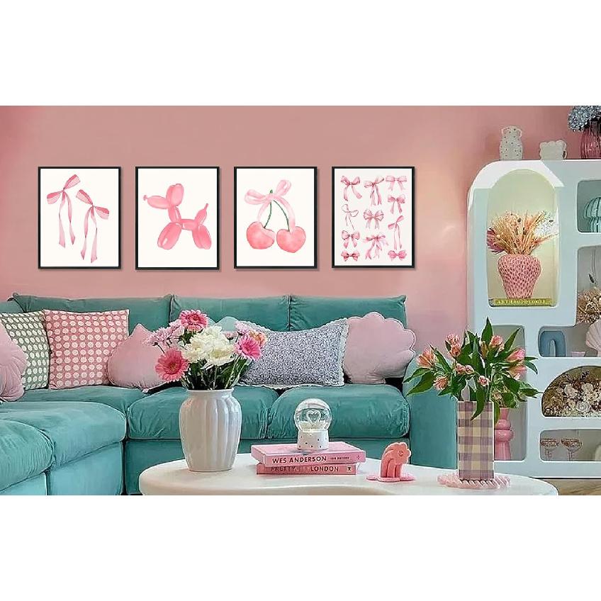 ULEGIE Coquette Pink Bow Preppy Wall Art Decor Set of 4, Coquette Room Decor, Cherry Balloon Dog Preppy Room Decor, Girly Pink Posters Prints for