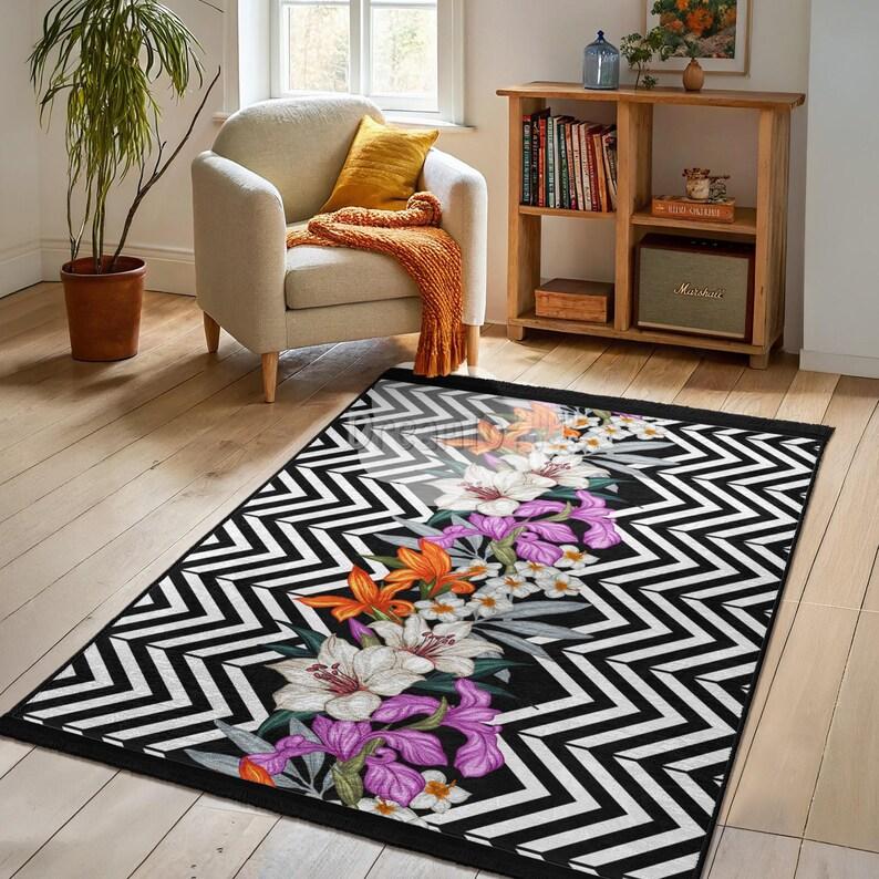 Black White Zigzag Floral Area Rug Purple Orange Lily Botanical Pattern Modern Chevron Decorative Runner Tropical Style Home