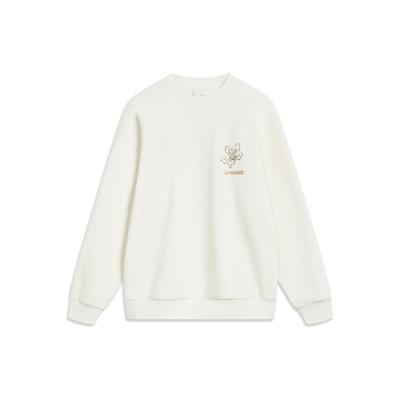 Li Ning Sports Lifestyle Series Letter Print Crew Neck Pullover Fleece Long Sleeve Hoody Women sweatshirt Off-White AWDT762-4