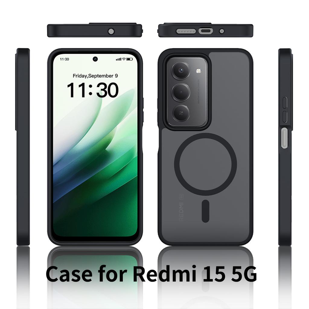 Магнитный чехол для телефона с ощущением кожи для Xiaomi Redmi 15 4G 171,1 мм 5G 169,5 мм Magsafe Беспроводная зарядка TPU Рамка Пластиковая задняя крышка