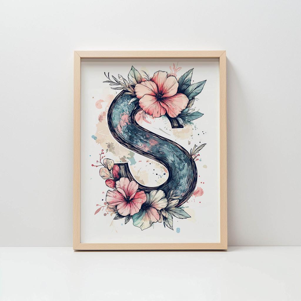 Plakat Z Literą S Wśród Kolorowych Kwiatów Plakat Z Literą S Wśród Kolorowych Kwiatów, 50X70 Cm, Rama Drewniana Jasny Dąb, Papier Matowy 230 Gsm