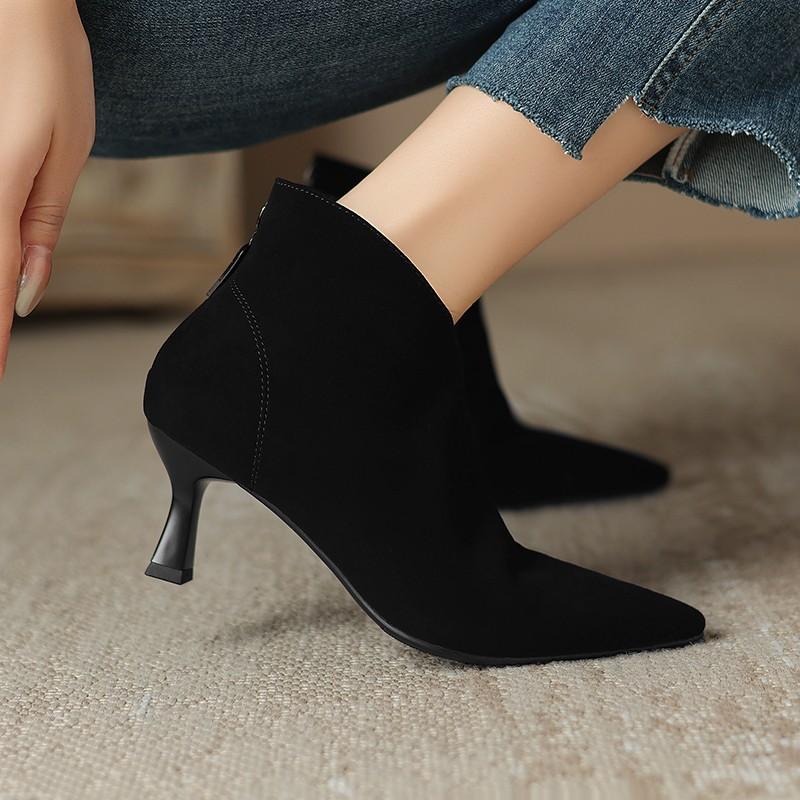 Роскошные женские ботильоны Весенние с острым носком на шпильке Модные черные коричневые женские ботильоны на высоком каблуке из замши с боковой молнией