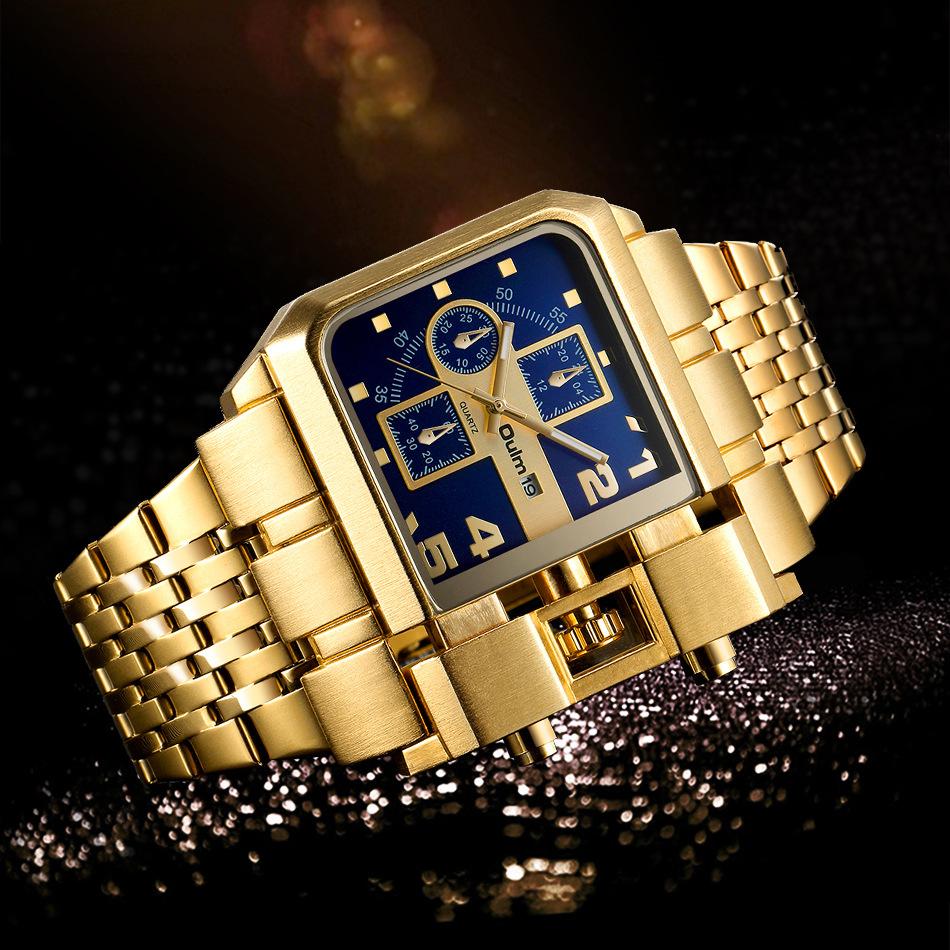 Oulm Gold Dial Men's Watch Steel Band Calendar Square Quartz Men's Watch Casual Style