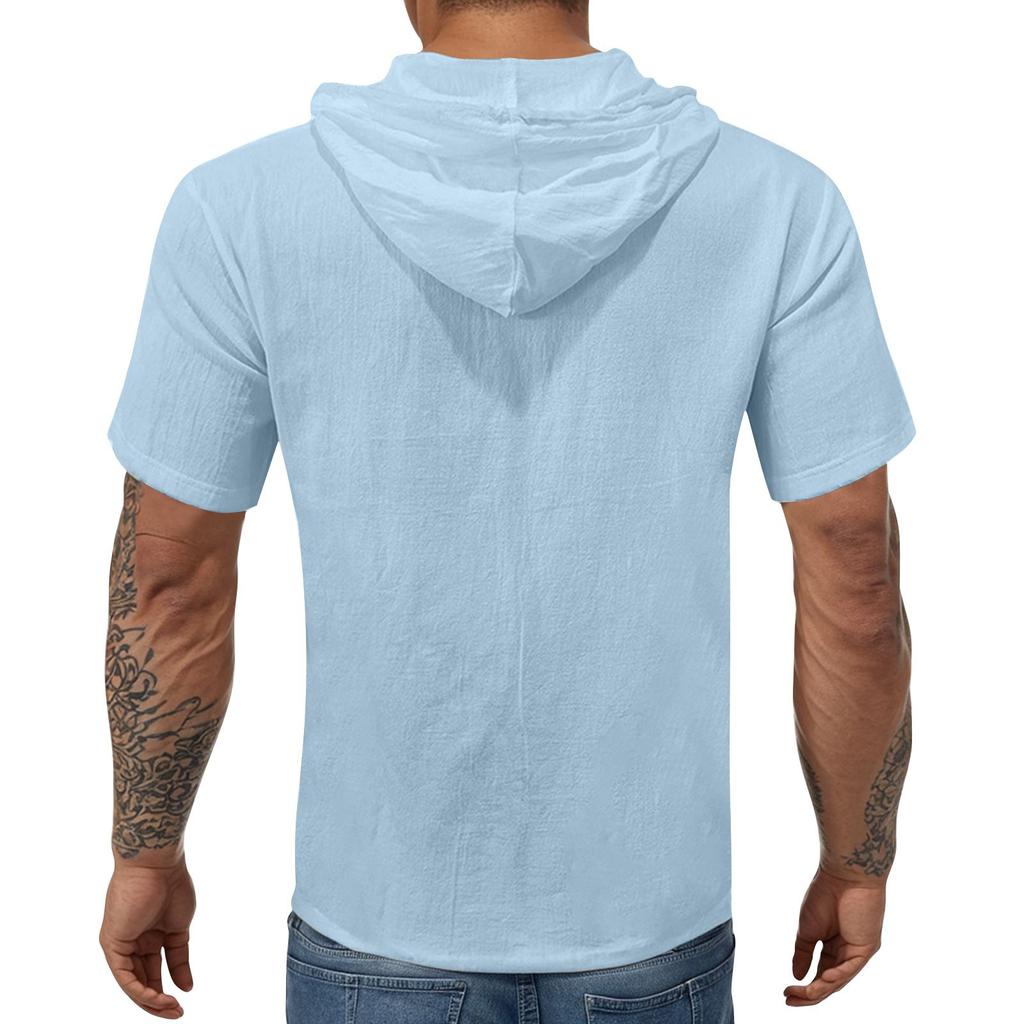 Мужская повседневная футболка с короткими рукавами, капюшоном и открытым воротом на пуговицах