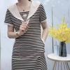 Платье миди в корейском стиле, имитация двух частей, в полоску, летняя мода, матросский воротник, женская одежда, А-силуэт, короткий рукав, базовые повседневные платья