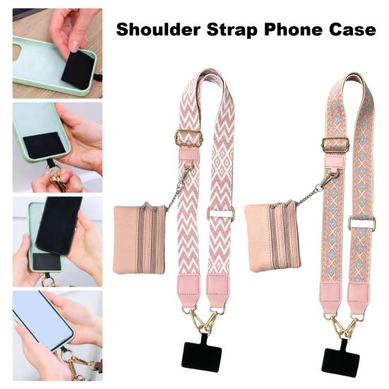 Mobile Phone Strap with Small Zippered Pouch Mini Card Holder Ethnic Style Detachable